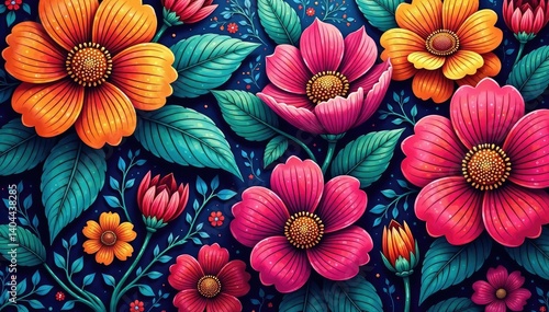 Wallpaper Mural Intricate line art blossoms densely arranged, creating a vibrant textile print , graphic, illustration, seamless Torontodigital.ca