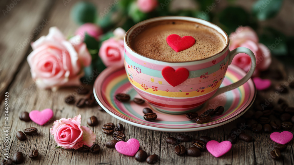 Cozy Valentine’s Day Scene with Floral Cup and Saucer Surrounded by Roses Cozy Valentine’s Day Scene with Floral Cup and Saucer Surrounded by Roses