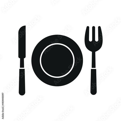 Knife, fork, and plate icon illustrates classic table setup, ideal for dining, meals, and food service.