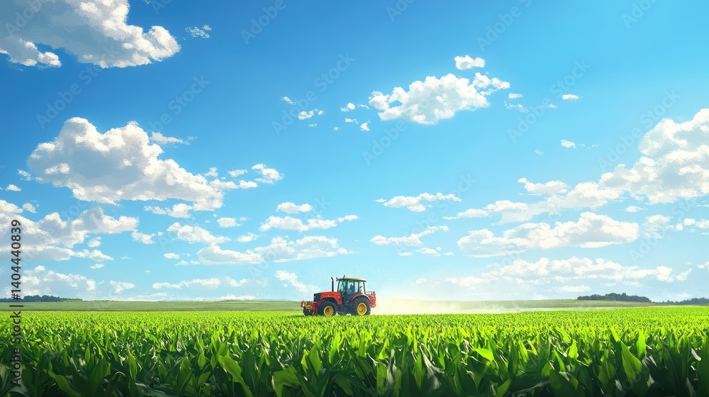 Agricultural tractor spraying pesticide on young corn crops in bright green field under blue sky Agricultural tractor spraying pesticide on young corn crops in bright green field under blue sky