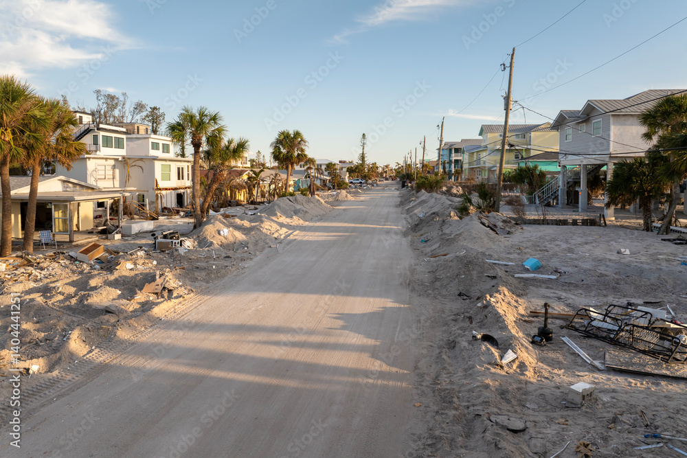 Heaps of debris rubbish on street side near severely damaged by hurricane Milton houses in Florida residential area on Manasota Key in Englewood. Consequences of natural disaster Heaps of debris rubbish on street side near severely damaged by hurricane Milton houses in Florida residential area on Manasota Key in Englewood. Consequences of natural disaster