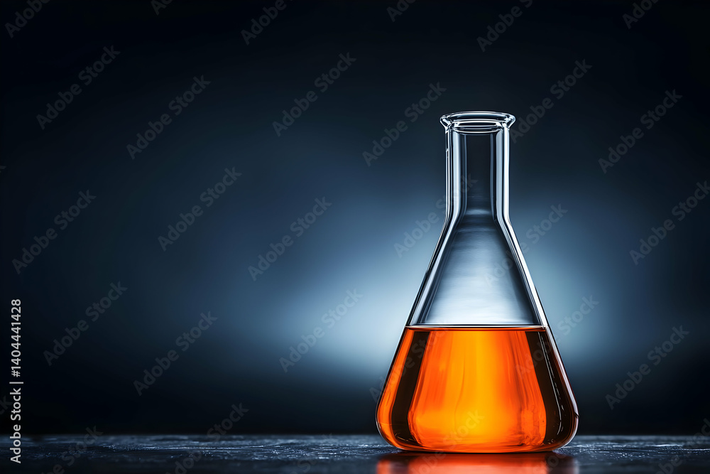 Illuminated Erlenmeyer Flask with Amber Liquid on Dark Background Illuminated Erlenmeyer Flask with Amber Liquid on Dark Background
