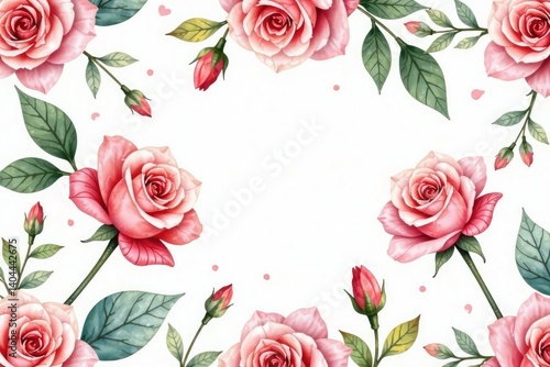 Delicate watercolor roses & leaves, repeating pattern, surface, photo