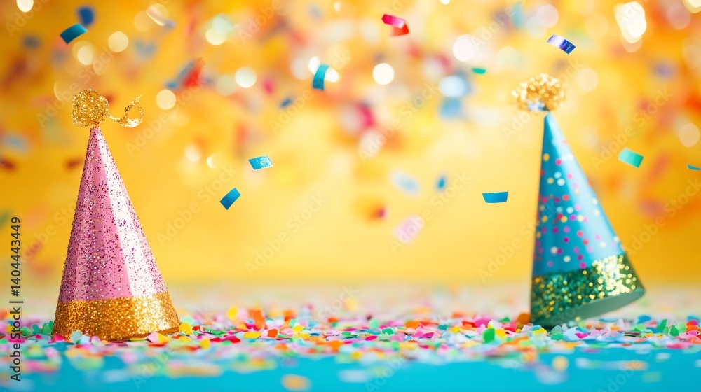 Festive party hats and colorful confetti create joyful celebration scene Festive party hats and colorful confetti create joyful celebration scene