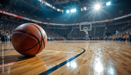Basketball game action shot: professional basketball court with ball and stadium seating in the background