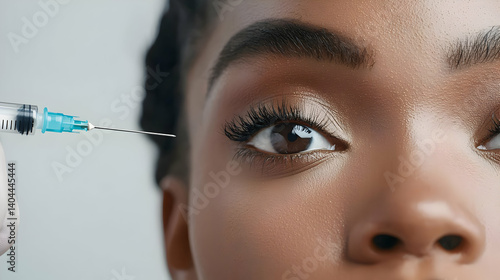 Close Up Of Young African American Woman With Glitter Makeup Receiving A Cosmetic Injection Near Her Eye In A Beauty Clinic