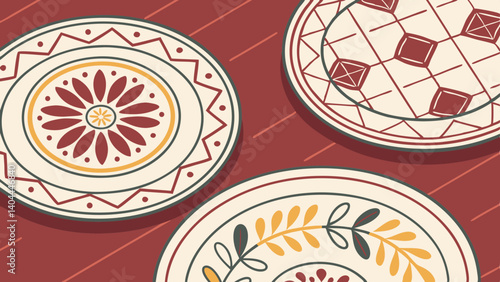 Set of different ceramic plates on dark red background, top view   vector, illustration.
