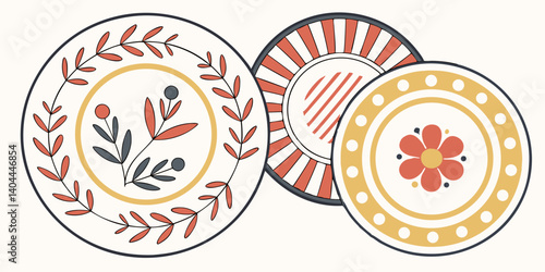 Set of different ceramic plates on white background, top view  vector, illustration.

