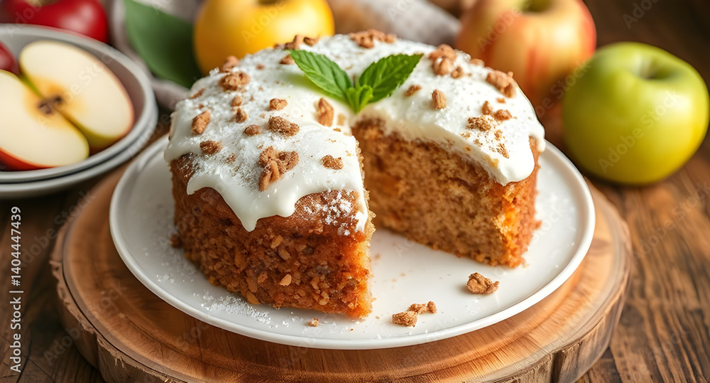 Apple cake with cream cheese frosting and mint garnish Apple cake with cream cheese frosting and mint garnish