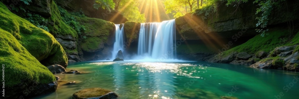 Fototapeta premium Sunlit cascade plunges into emerald pool, mossy rocks , ravine, lush, jungle