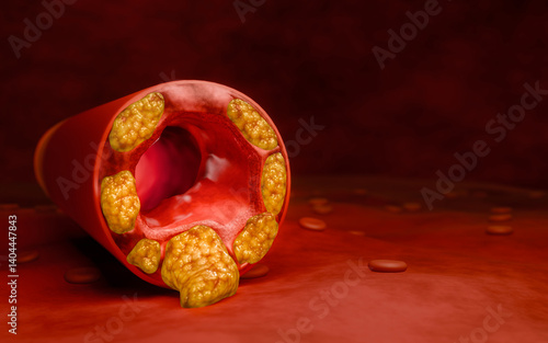 Hyperlipidemia or arteriosclerosis. Blocked artery concept and human blood vessel as a disease with cholesterol fat buildup clogging. Clogged arteries, Cholesterol plaque in the artery. 3D Rendering
