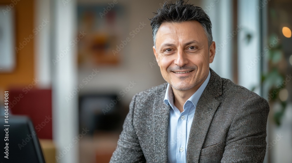 Obraz premium Confident businessman smiling warmly at the camera in office