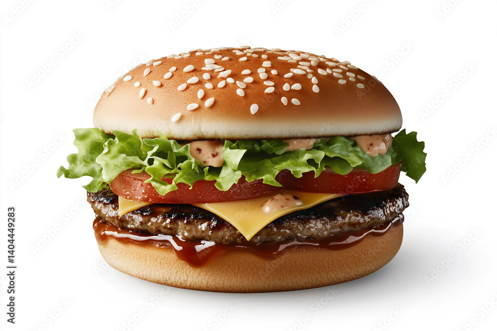 Photorealistic Hamburger with Lettuce, Red Onion, and Pickles on the Bun Against a Black Background Photorealistic Hamburger with Lettuce, Red Onion, and Pickles on the Bun Against a Black Background
