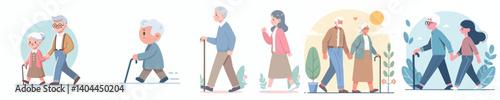 vector set grandfather and grandmother walking together