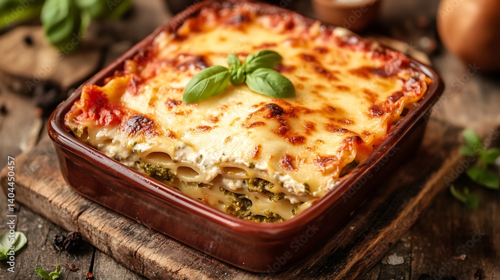 Classic Baked Lasagna with Cheese and Fresh Basil Garnish