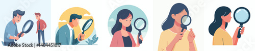 vector set man and woman looking something with magnifying glass