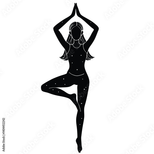 Yoga Tree Pose Silhouette: Woman in Vrksasana, Fitness, Meditation, Wellness, Black & White Illustration, Healthy Lifestyle
