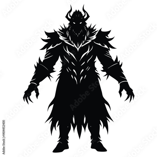 Dark Fantasy Character Silhouette: Horned Warrior in Armor, Evil Villain Concept Art, Black and White Illustration for Games and Design