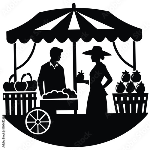 Black and White Silhouette of a Farmer's Market Scene with People, Fruits, and a Cart - Vector Illustration Graphic
