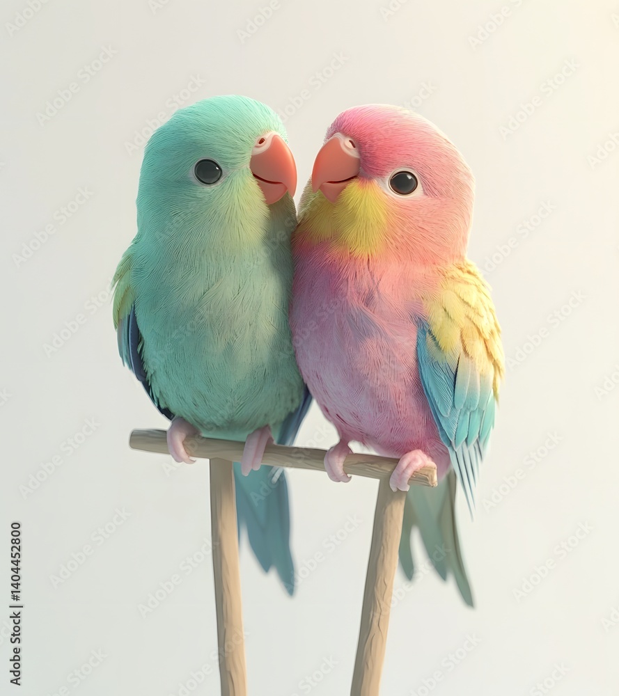 Obraz premium Affectionate Lovebirds: A heartwarming portrayal of two lovebirds perched together, their vibrant plumage and gentle interaction conveying a sense of tender affection and companionship. 