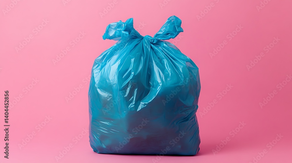 Blue Trash Bag on Pink Background Garbage Waste Disposal