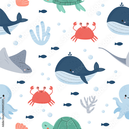 Pattern with marine animals and sea life elements