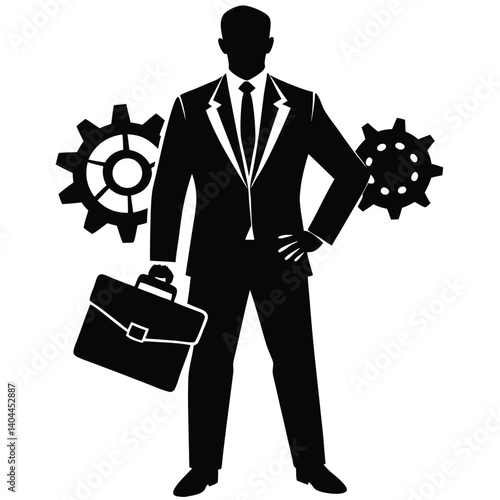 Business Man Silhouette with Briefcase and Gears: Vector Illustration of Professionalism, Industry, and Success