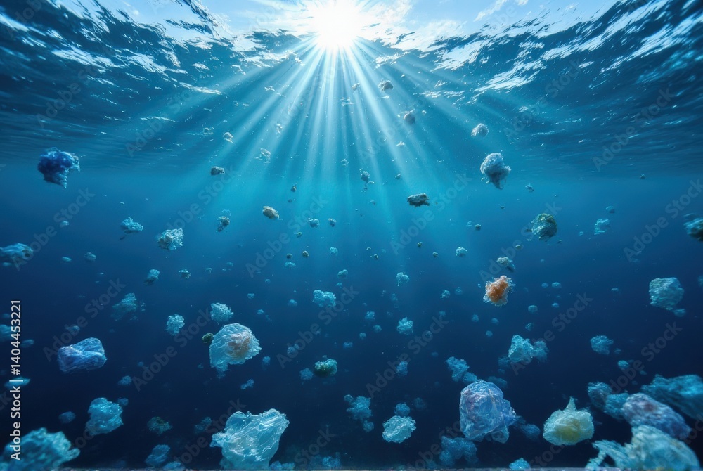 Fototapeta premium Ocean plastic pollution underwater photography marine environment underwater perspective environmental awareness