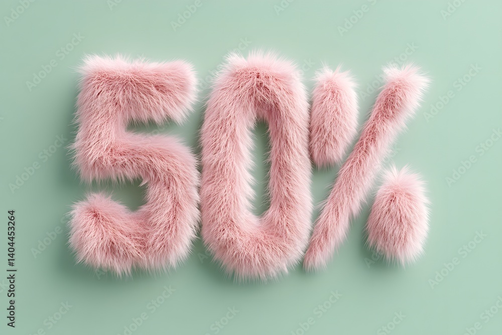 Fluffy 50% Sale: A whimsical, eye-catching, fluffy pink 50% sign on a pastel green backdrop. The plush typography adds a touch of whimsy and softness to any sale announcement. This creative, unique. Fluffy 50% Sale: A whimsical, eye-catching, fluffy pink 50% sign on a pastel green backdrop. The plush typography adds a touch of whimsy and softness to any sale announcement. This creative, unique.