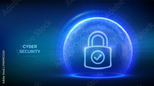 Cyber security. Data protection concept. Network safety. Information privacy. Padlock with Check mark icon inside transparent sphere shield with hexagon pattern on blue background. Vector illustration