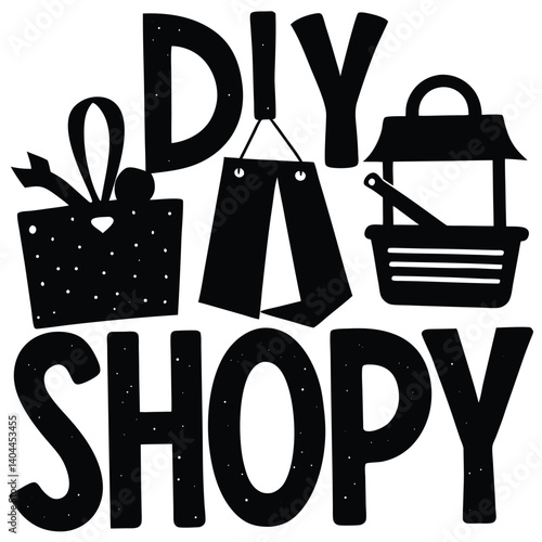 DIY Shopy Logo: Black & White Vector Graphic of Gift, Shopping Bags, Basket - Craft Store, Handmade Goods, DIY Supplies, Shop Icon