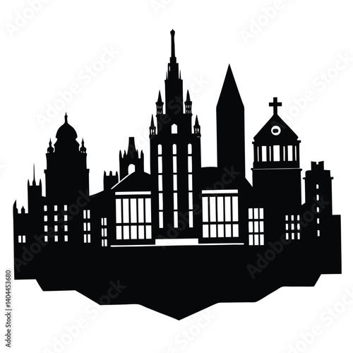 Black Silhouette Skyline Illustration of a Cityscape with Prominent Buildings and Architectural Landmarks, Vector Graphic Design