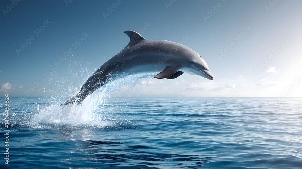 Fototapeta premium Dolphin's Leap: A dolphin gracefully leaps from the ocean, showcasing its sleek form against a backdrop of a clear, azure sky, capturing the essence of freedom and aquatic majesty.
