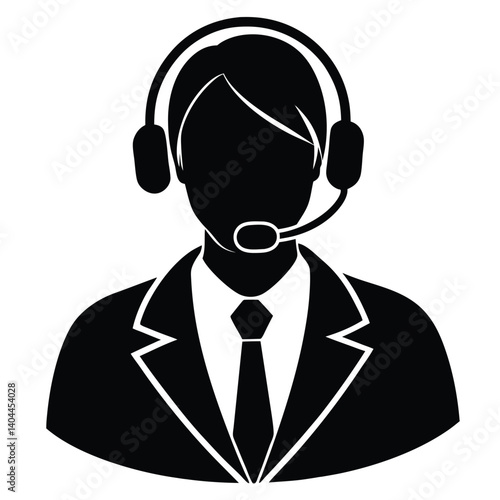 Customer Service Icon: Black & White Vector Illustration of a Support Agent with Headset in Suit & Tie for Website or Graphic Design