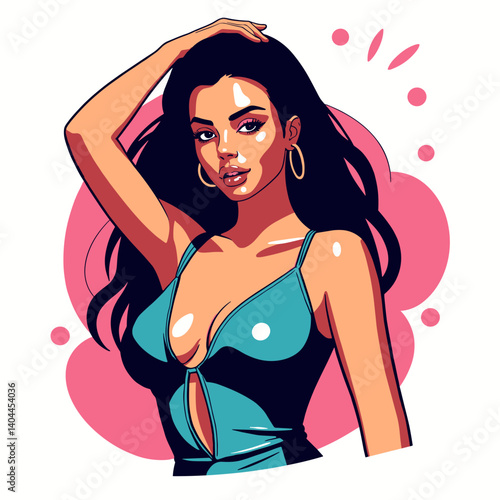 Confident woman posing playfully against vibrant pop art background, self-expression