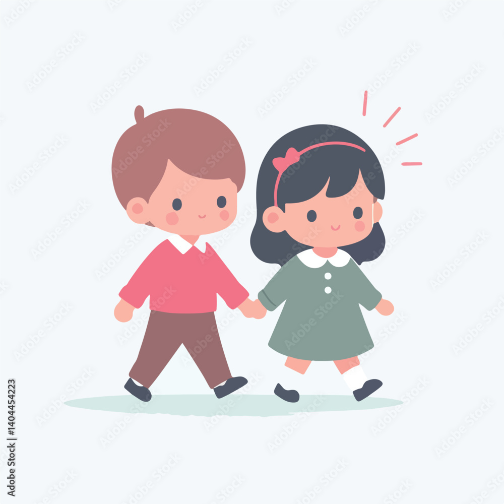 vector cute kids couple walking together flat design vector cute kids couple walking together flat design