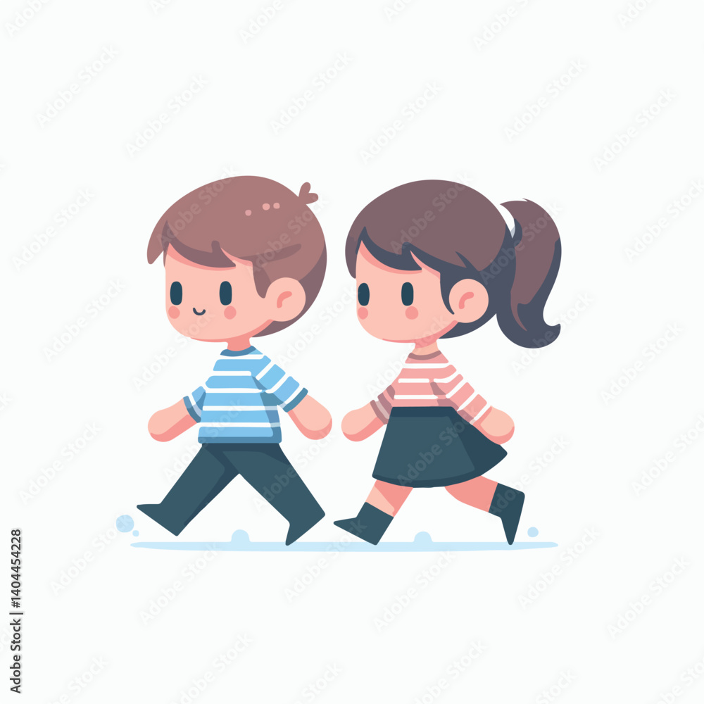 vector cute kids couple walking together flat design vector cute kids couple walking together flat design