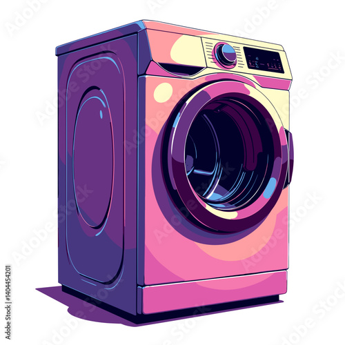 Neon washing machine illustration in bold colors, surreal design concept