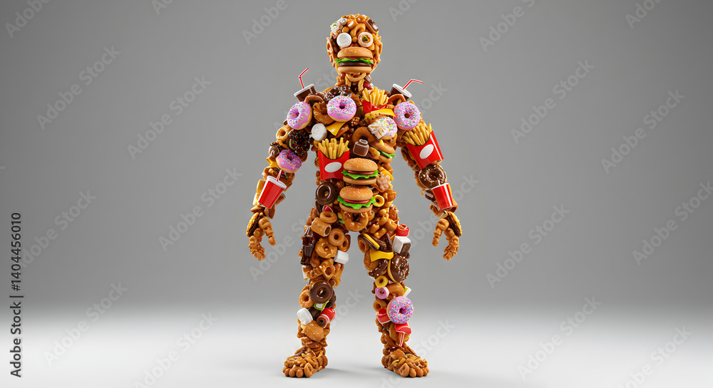 Rendered Humanoid Figure Constructed Entirely from Assorted Unhealthy Junk Foods on a Neutral Gray Backdrop Rendered Humanoid Figure Constructed Entirely from Assorted Unhealthy Junk Foods on a Neutral Gray Backdrop
