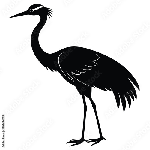 Black Silhouette of a Crane Bird Standing Profile View, Elegant Line Art Illustration, White Background, Nature Wildlife Design