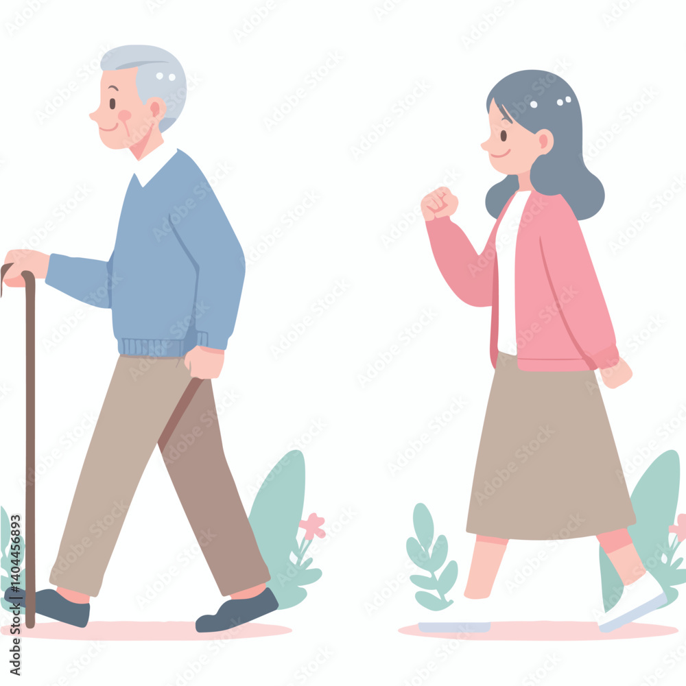vector cute old man walking together flat design vector cute old man walking together flat design