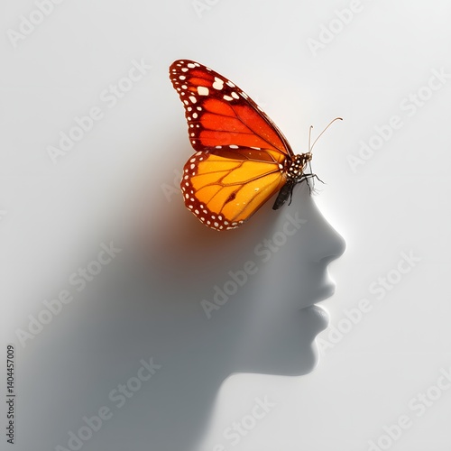 Metamorphosis: A vibrant monarch butterfly perched atop a human profile silhouette, casting a shadow that hints at transformation and inner beauty.