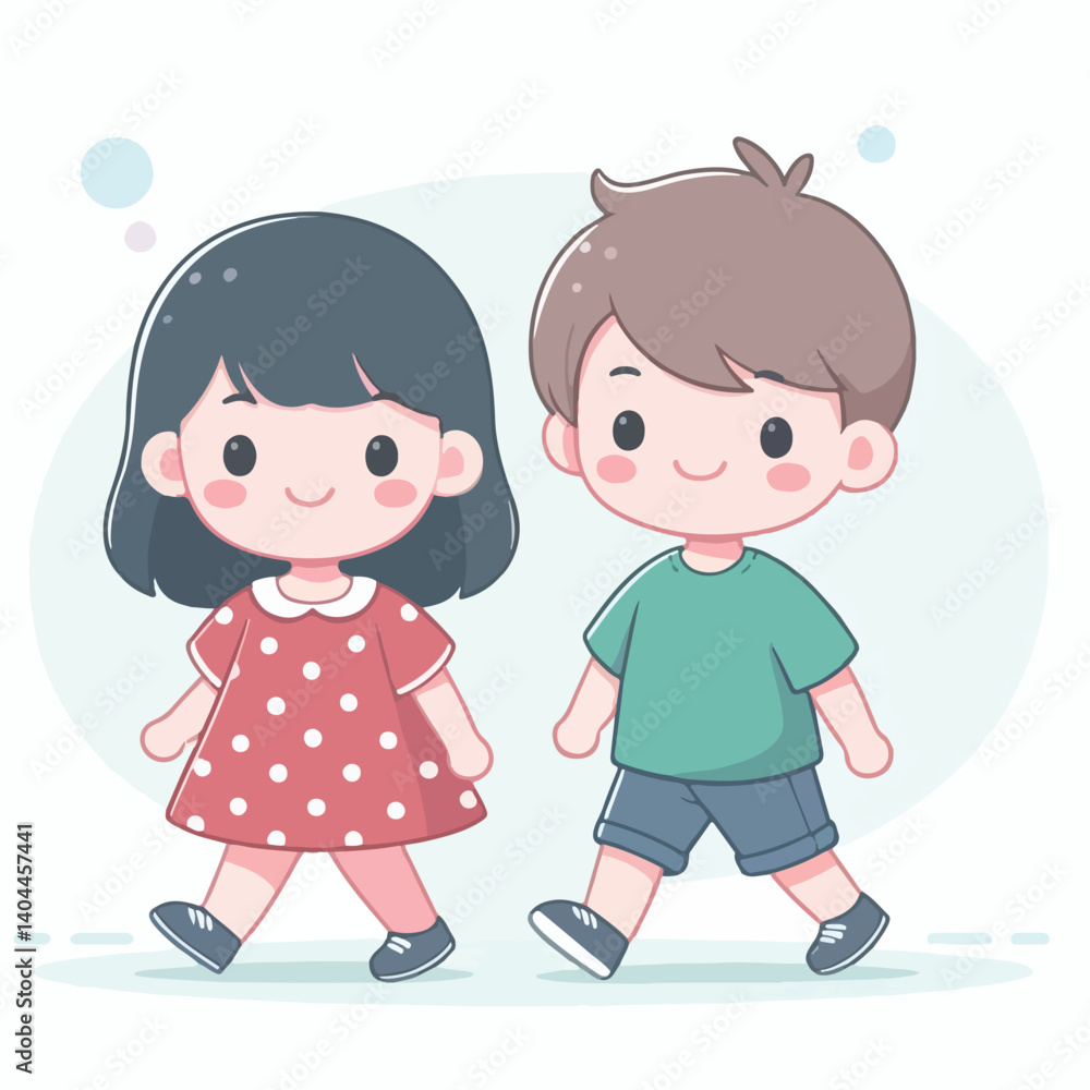 vector cute child couple walking flat design vector cute child couple walking flat design