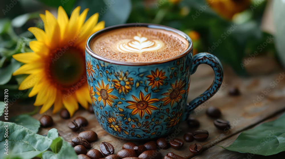 Fototapeta premium Sunflower Cup with Decorative Coffee Foam and Artistic Patterns