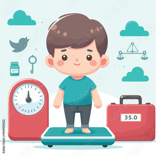 vector kids weighs himself on a scale
