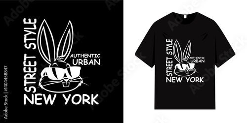 Retro urban street style typography. New York text, grunge brush strokes. Vintage bunny emoji image. Vector illustration design for slogan t-shirt, tee, fashion graphic, print, sweatshirt and hoodie