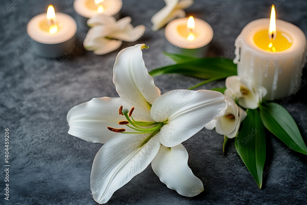 Naklejka premium Beautiful white lily flowers and burning candles on stone background.