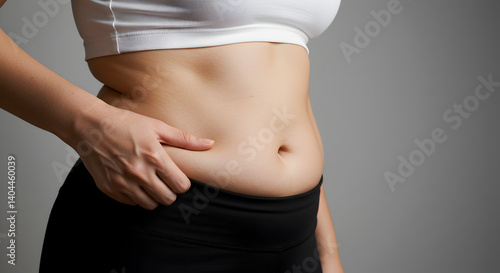 Wallpaper Mural Midsection View of Young Woman Pinching Her Waist in a Studio Setting with Gray Background Torontodigital.ca
