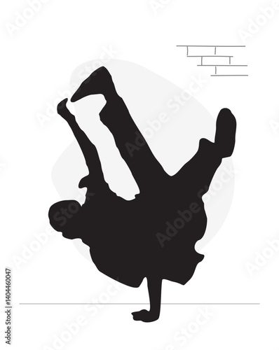 Dancing man black silhouette. Cool boy doing handstand. Break dance, hip-hop street dancer. Flat hand drawn vector illustration  isolated on transparent background
