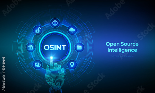 Open source intelligence. OSINT. Open data access. Open source analysis. Cyber analytics. Data gathering. Open data database. Wireframe hand touching digital interface. Vector illustration.
